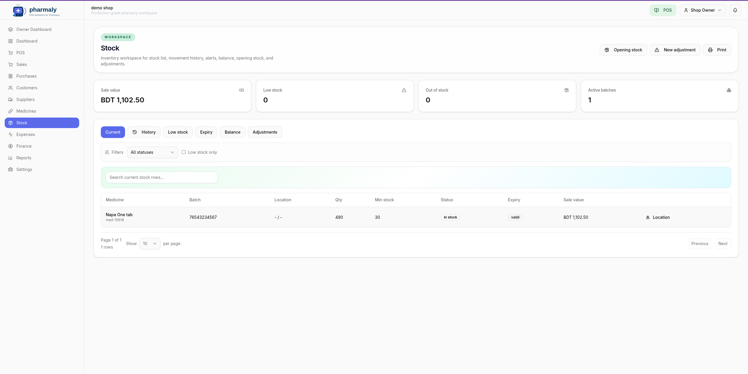 Pharmaly stock management screen showing medicine inventory